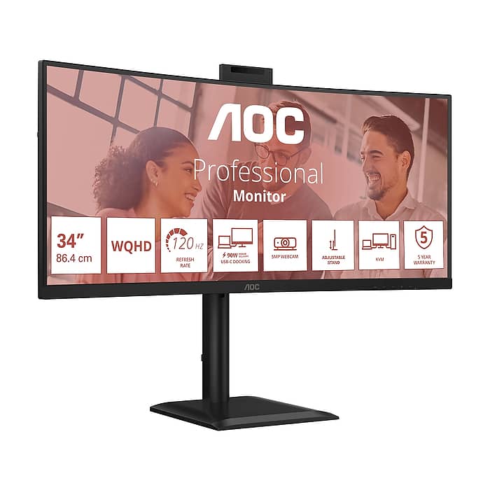 AOC CU34E4CW, 34" Curved 1500R, VA, WLED, 3440x1440@120Hz, 4ms GtG, 1ms MPRT, 350cd m/2, 3500:1, 50M:1 DCR, Adaptive Sync, FlickerFree, Anti-Blue Light, 5Wx2, Webcam 5MP, Tilt, Height Adjust, Swivel, 2xHDMI, DP, USB hub, KVM, RJ45 (тъмнейл - 2)