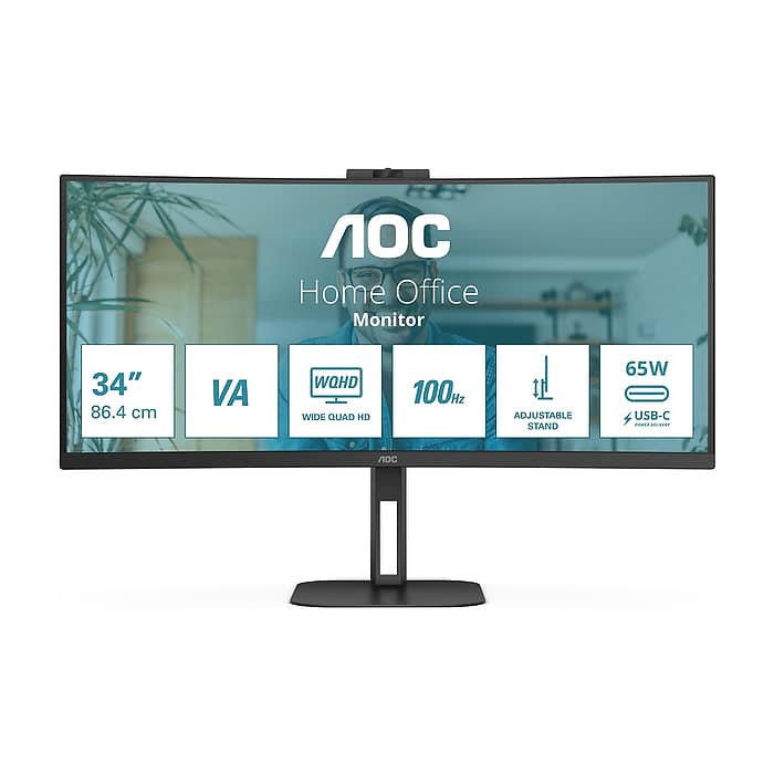 AOC CU34V5CW/BK, 34" Curved 1500R, VA, WLED, 3440x1440@100Hz, 4ms GtG, 1ms MPRT, 300cd m/2, 3000:1, 20M:1 DCR, Adaptive Sync, FreeSync, Low Blue Light, 5Wx2, 2MP Webcam, Tilt, Height Adjust, Swivel, HDMI, DP, USB hub на супер цена от GT Computers AOC CU34V5CW/BK, 34" Curved 1500R, VA, WLED, 3440x1440@100Hz, 4ms GtG, 1ms MPRT, 300cd m/2, 3000:1, 20M:1 DCR, Adaptive Sync, FreeSync, Low Blue Light, 5Wx2, 2MP Webcam, Tilt, Height Adjust, Swivel, HDMI, DP, USB hub на супер цена