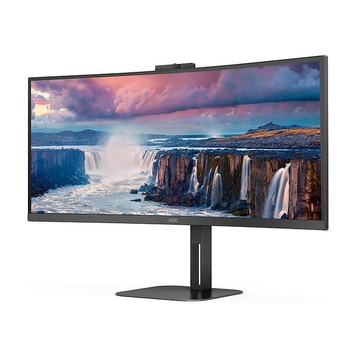 AOC CU34V5CW/BK, 34" Curved 1500R, VA, WLED, 3440x1440@100Hz, 4ms GtG, 1ms MPRT, 300cd m/2, 3000:1, 20M:1 DCR, Adaptive Sync, FreeSync, Low Blue Light, 5Wx2, 2MP Webcam, Tilt, Height Adjust, Swivel, HDMI, DP, USB hub (тъмнейл - 2)