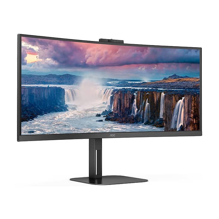AOC CU34V5CW/BK, 34" Curved 1500R, VA, WLED, 3440x1440@100Hz, 4ms GtG, 1ms MPRT, 300cd m/2, 3000:1, 20M:1 DCR, Adaptive Sync, FreeSync, Low Blue Light, 5Wx2, 2MP Webcam, Tilt, Height Adjust, Swivel, HDMI, DP, USB hub (тъмнейл - 3)