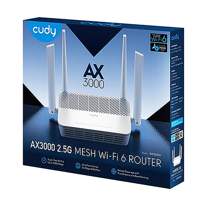 Cudy WR3000H AX3000 2.5G Dual Band Wi-Fi 6 Mesh Router 2402Mbps at 5GHz + 574Mbps at 2.4GHz, 1 x 2.5G Port , 4 x 10/100/1000Mbps Ports Cudy Mesh Cudy APP (тъмнейл - 3)