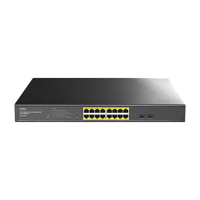 Cudy GS1016EPS2 16 port 10/100/1000 Base-T Gigabit ports 19-inch 2-1000 Base-X SFP Slot 16-port IEEE 802.3at PoE+ Injector Supports PoE power up to 30W for each PoE port Local management via WEB GUI 200W Internal