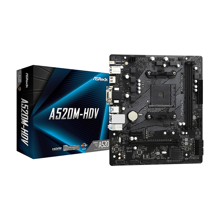 Дънна платка ASRock A520M-HDV, Socket AM4, mATX, DDR4